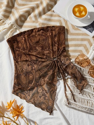 Women's Boho Paisley Print Knit Tube Top - Sexy Off-Shoulder with Asymmetrical Hem, Brown & Beige, Machine Washable