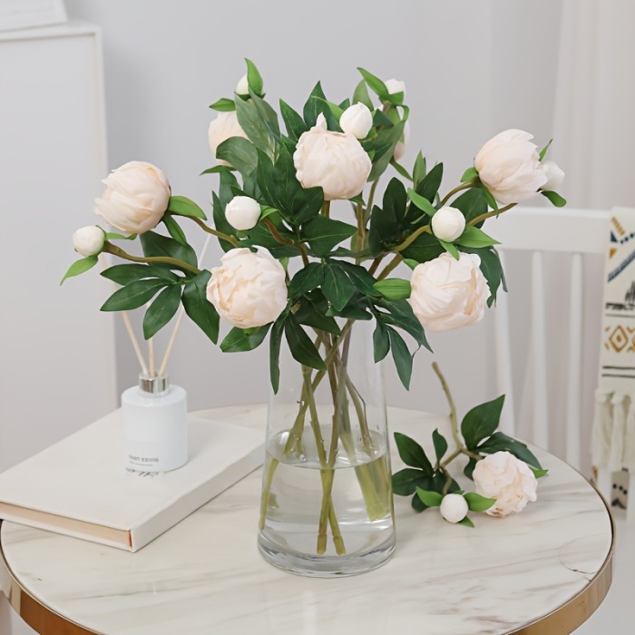 5pcs Realistic 2-Head Peony Artificial Flowers, Silk Paeonia Faux Floral, Perfect for Vase Arrangements, Home Living Room Tabletop Decor, Outdoor Garden, Wedding, Valentine'S Day, Birthday Party Gift, Spring Season Home Decor Without Container