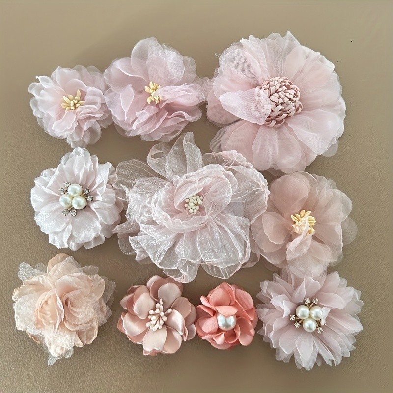 Pink Chiffon & Lace Flowers 10pcs Pink Fabric Flower Set - Chiffon & Lace, Perfect for DIY Bridal Hair Accessories, Hat & Shoe Embellishments, Handmade Dress Decorations, Mixed Styles