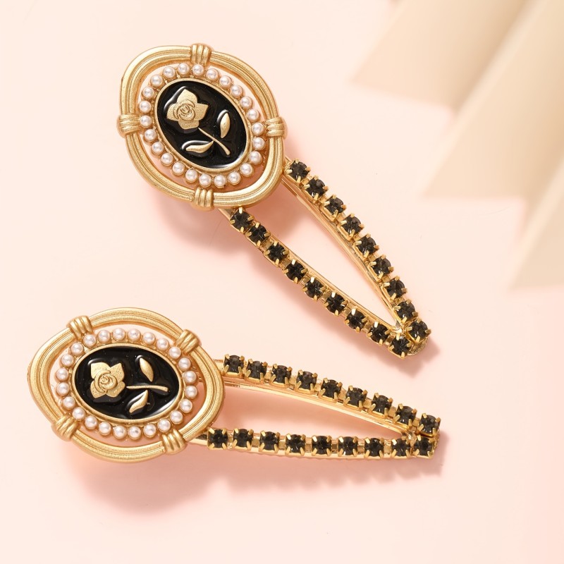 2pcs\u002Fset Personality Unique Duckbill Clips Exquisite Rhinestone Faux Pearl Decor One Line Clips Water Drop Metal Headpiece Hair Accessories