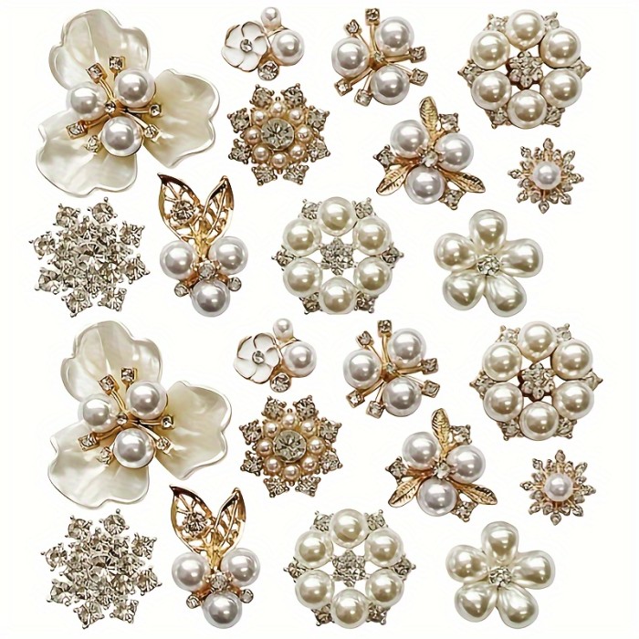 22pcs Faux Pearl And Rhinestone Buttons Set - Assorted Alloy Floral Pendants for Jewelry Making, Embellishments, And Craft Projects - Durable Plastic And Metal Materials - Versatile Packaging Ribbon And Jewelry Box Supplies,Jewelry Making Display & Packaging Supplies
