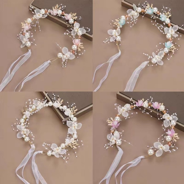 European and American Popular Hot Selling Girls' Head Buckle Streamer Decorative Gift Korean Style Korean Style Flower Crown Headwear Princess Flower Crown Super Fairy Hairband Flower Youngsters Wedding Head Flower Girl Headband Hair Accessories Hairpin Headwear