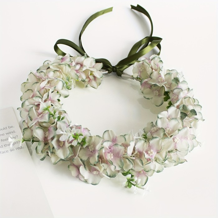 1pcs Exquisite Floral Bridal Headband - Durable Acrylic Hydrangea Flower Crown with Adjustable Ribbon Tie for Comfortable Wearing, Perfect for Bridesmaids, Weddings, Parties, Beach Holidays, and Special Occasions - Long-Lasting Polyester Fiber Hair Accessory with Easy Care