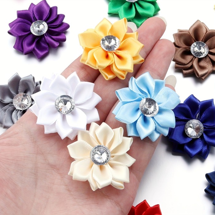 20pcs Vibrant Multicolor Polyester Lotus Flower Embellishments with Rhinestones - Decorative DIY Sewing Accessories for Crafting Women's Hairpins, Brooches, Necklines, and Garments - Ideal for Party, Wedding, Home Decor, and Handmade Crafts