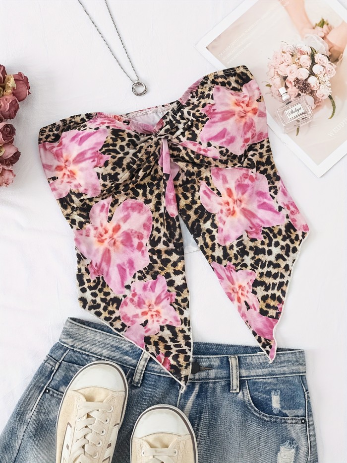 Stretchy Polyester Off-Shoulder Print Top Women's Vacation-Ready Floral & Leopard Print Off-Shoulder Tank Top with Twist Detail - Stretchy Polyester Blend, Machine Washable, Front Slit, Festival