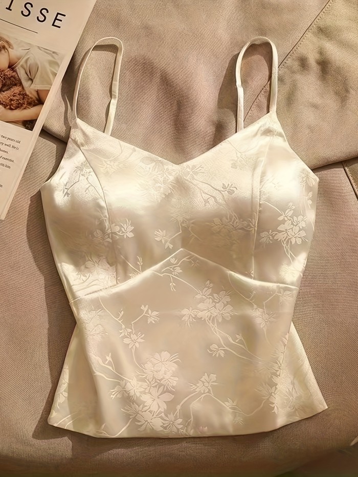 2-Pack Elegant Floral Jacquard Satin Camisole Tops with Built-in Bra, Adjustable Spaghetti Strap V-Neck Knit Vest, All-Season Polyester Camisoles