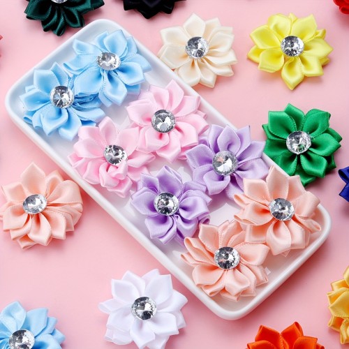 20pcs Vibrant Multicolor Polyester Lotus Flower Embellishments with Rhinestones - Decorative DIY Sewing Accessories for Crafting Women's Hairpins, Brooches, Necklines, and Garments - Ideal for Party, Wedding, Home Decor, and Handmade Crafts
