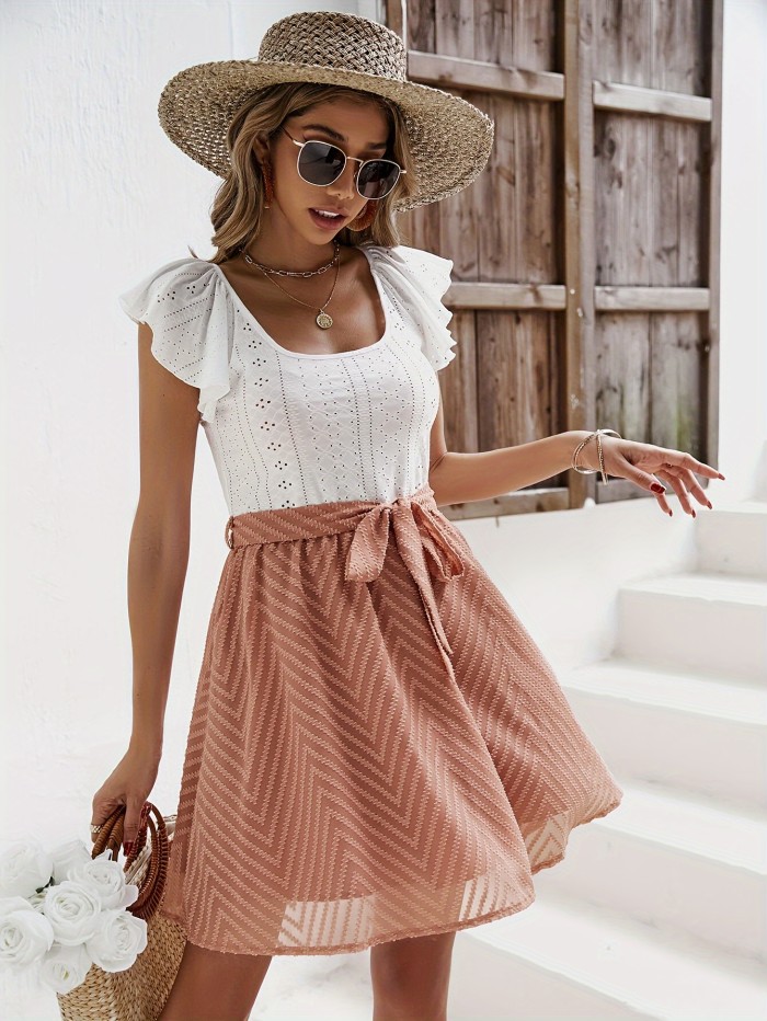 Eyelet Embroidered Lace Up Colorblock Dress, Elegant Ruffle Sleeve Splicing Dress For Spring & Summer, Women's Clothing