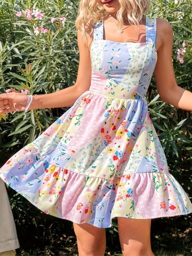 Vibrant Ditsy Floral Print Pinafore Dress - Sleeveless Wide Strap, Ruffle Hem, Bow Back, Machine Washable, Polyester Fabric - Perfect for Vacation and All-Season Wear