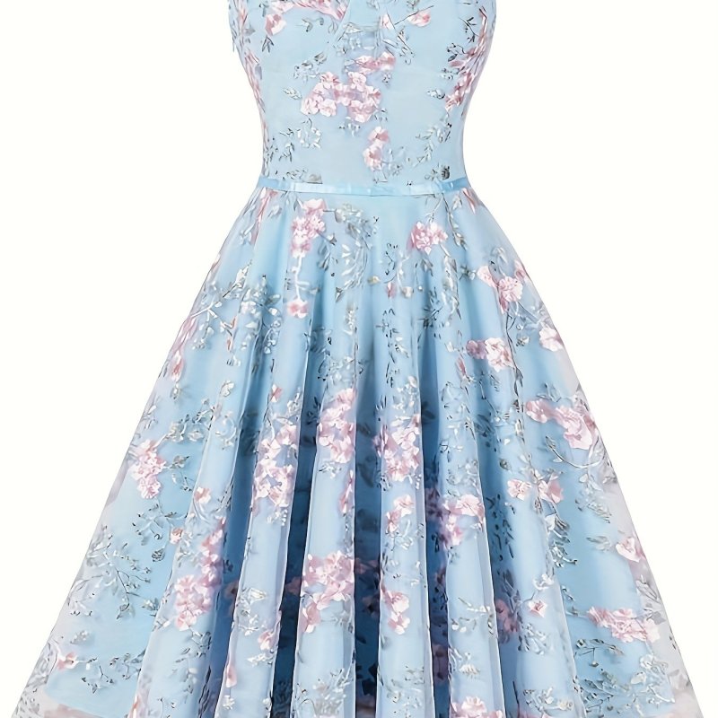 Women's Spaghetti Strap Floral Embroidery Tulle Swing Cocktail Dress 1950s Vintage Tea Party Wedding Guest Prom Dress