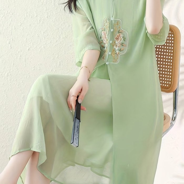 Embroidered Frog Button Mesh Dress, Vintage Mandarin Collar Short Sleeve Dress, Women's Clothing