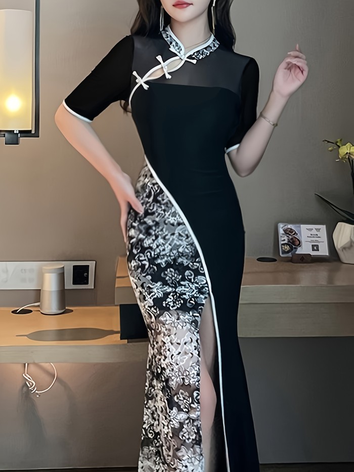 Elegant Short Sleeve Mandarin Collar Qipao Dress - Floral Print Splice Split Thigh Cheongsam - Frog Button Women's Clothing