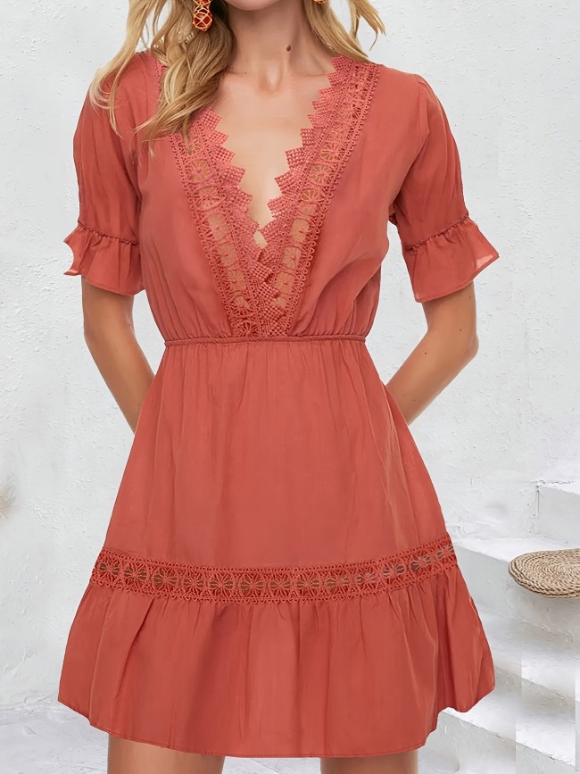 Elegant Coral V-Neck Dress with Lace Trim & Ruffle Hem - Casual Short Sleeve, 100% Polyester, Non-Sheer Summer Style for Women, Short Sleeve, Dress