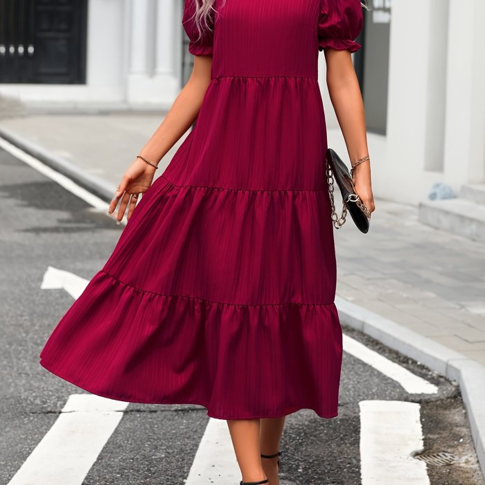 Leopard Print Puff Sleeve Dress, Boho Crew Neck Tiered Dress, Women's Clothing