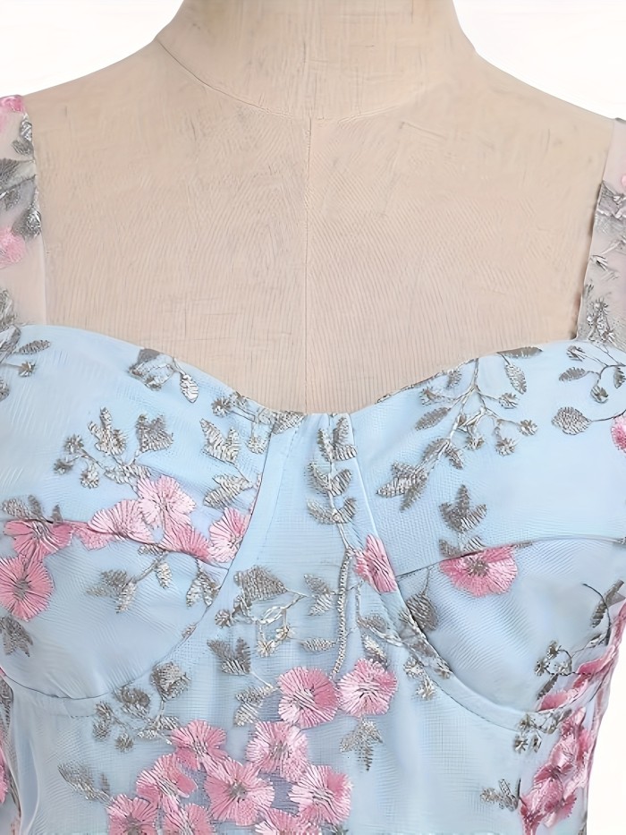 Women's Spaghetti Strap Floral Embroidery Tulle Swing Cocktail Dress 1950s Vintage Tea Party Wedding Guest Prom Dress