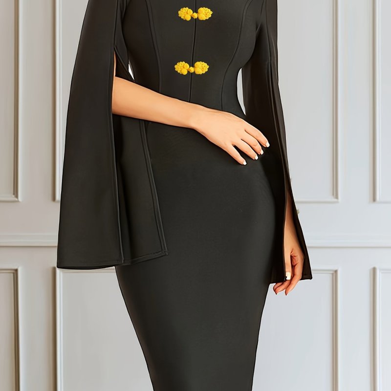 Cheongsam Long-sleeved Waist-cinching Slimming Cocoon-shaped Buckle Dress