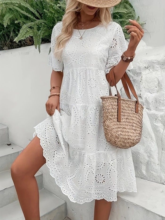 Elegant White Eyelet Embroidered Dress - Chic Blend with Ruffle Hem, Short Sleeves - Perfect for Spring\u002FSummer Vacations - Women's Round Neck Semi-Sheer Dress