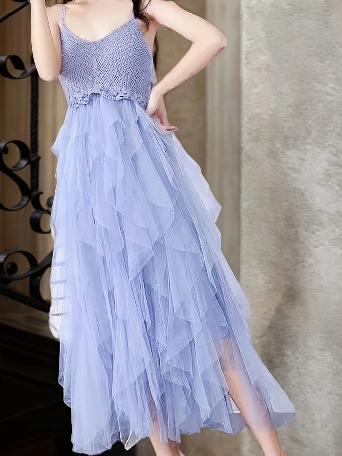 Fairy Mid-Length Dress with Round Neck, Lace-Up Mesh Embroidery, Sweet And Fresh Strapless Dress