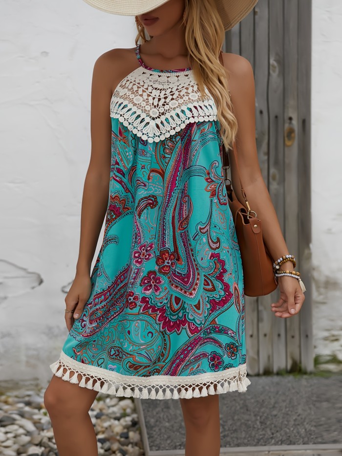 Elegant Women's Paisley Print Dress with Lace Detailing - Sleeveless Halter Neck, Tie-Back, Lightweight Polyester, Perfect for Summer Outdoor Events, Warm Weather Clothing|Stylish Women's Dress|Intricate Lace Design