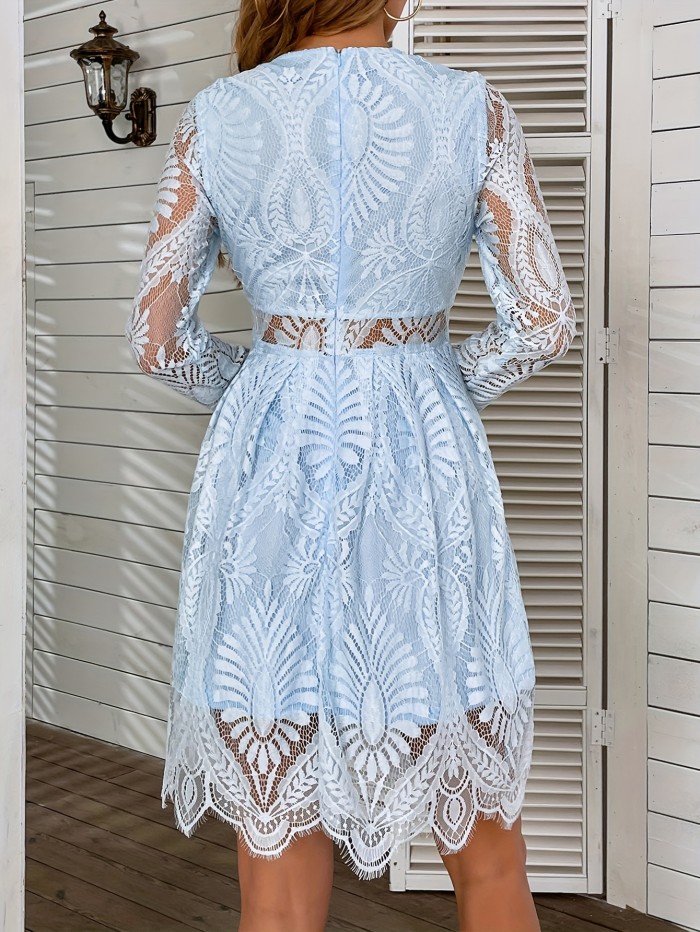 Guipure Lace Overlay Cut Out Waist Dress, Elegant Long Sleeve Crew Neck Dress, Women's Clothing, Valentine's Day