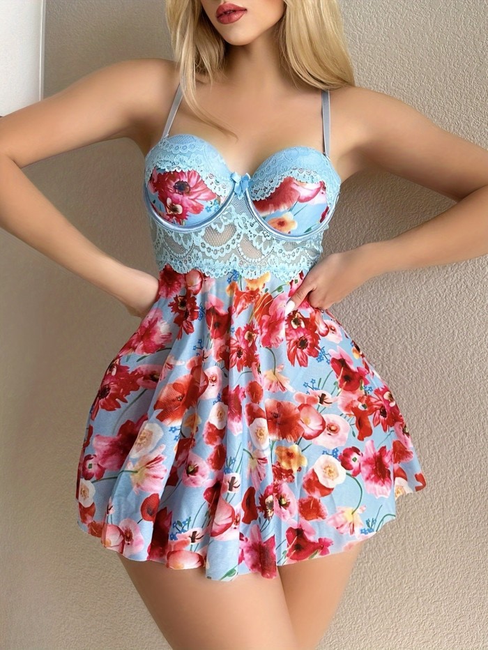 Sexy Lace Print Slip Dress for Women - High Support, Semi-Sheer with Bow Detail & Built-In Bra