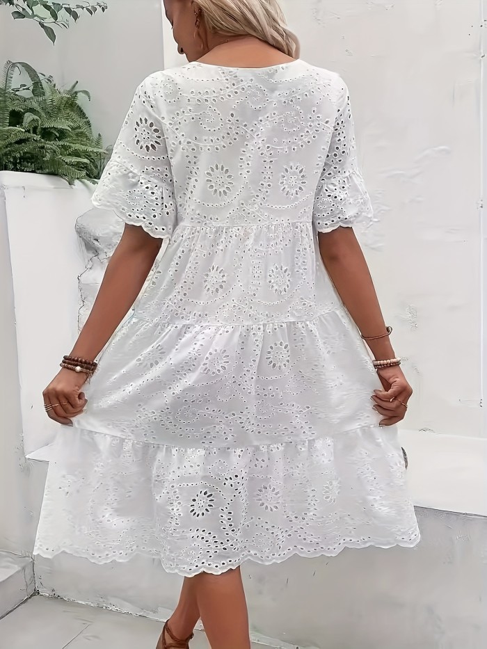 Elegant White Eyelet Embroidered Dress - Chic Blend with Ruffle Hem, Short Sleeves - Perfect for Spring\u002FSummer Vacations - Women's Round Neck Semi-Sheer Dress