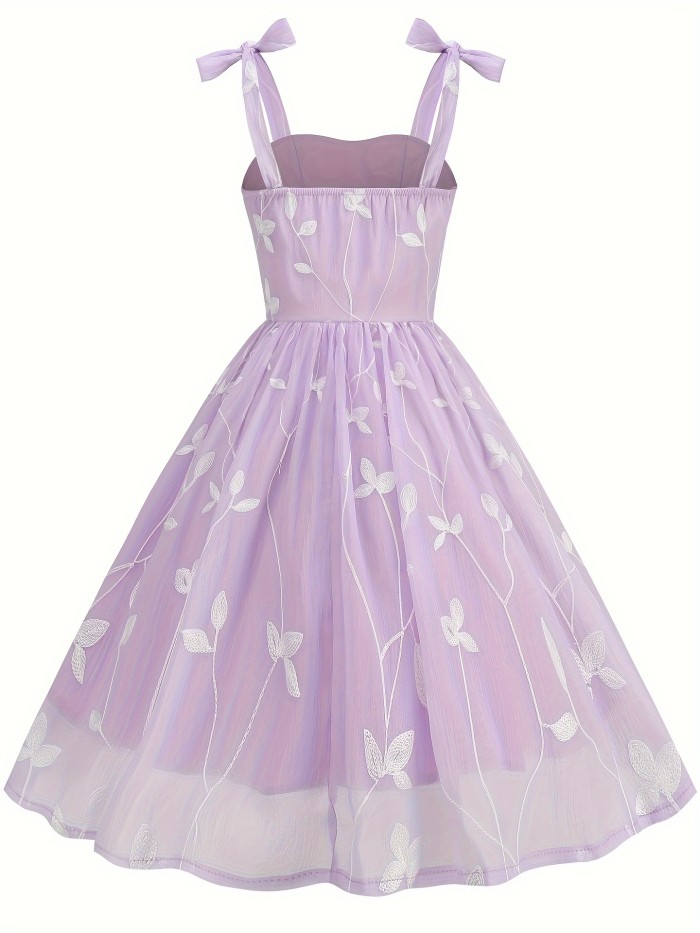 New Women'S Embroidered Mesh Tie-Up Dress