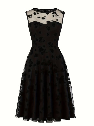 Women's 50s Vintage Floral Lace Retro Rockabilly Sleeveless Round Neck Party Swing Dress