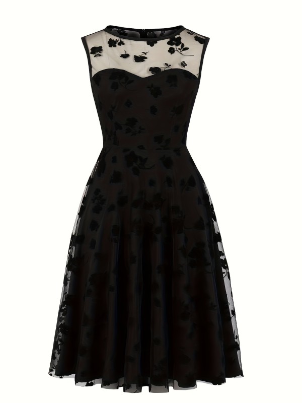 Women's 50s Vintage Floral Lace Retro Rockabilly Sleeveless Round Neck Party Swing Dress