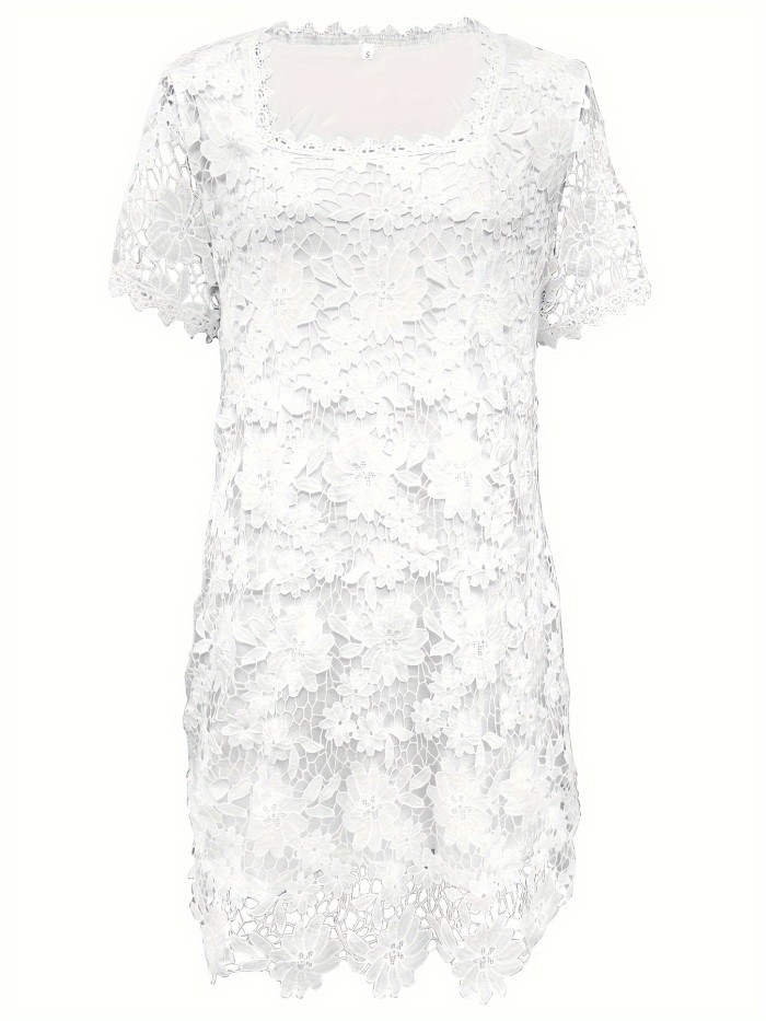 Guipure Lace Square Neck Dress, Vacation Style Short Sleeve Dress For Spring & Summer, Women's Clothing