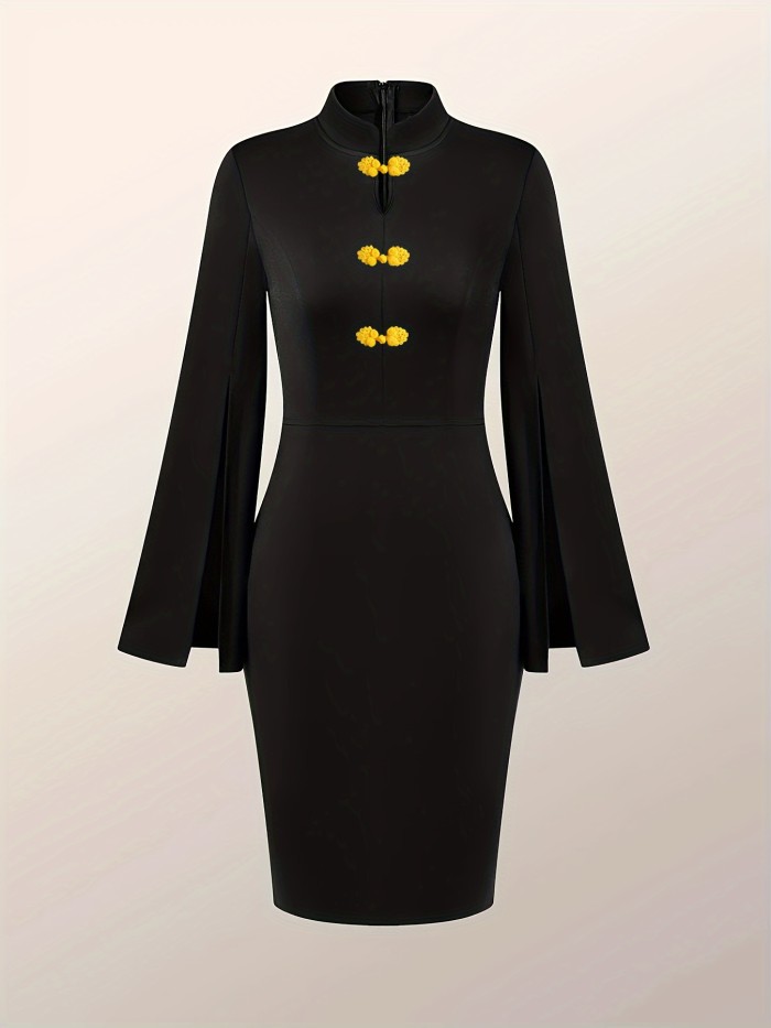 Cheongsam Long-sleeved Waist-cinching Slimming Cocoon-shaped Buckle Dress