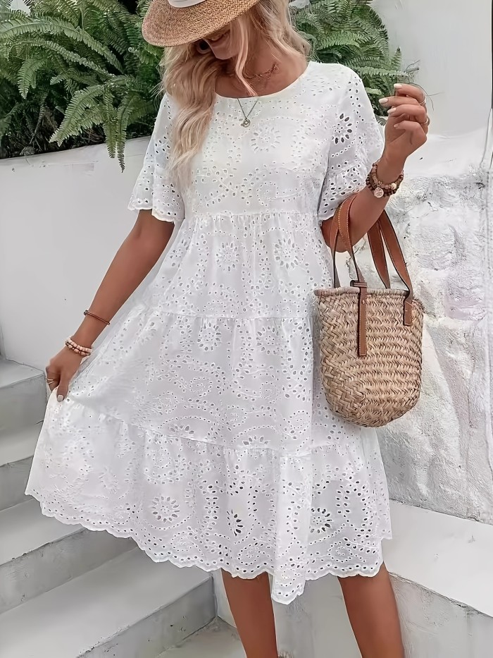 Elegant White Eyelet Embroidered Dress - Chic Blend with Ruffle Hem, Short Sleeves - Perfect for Spring\u002FSummer Vacations - Women's Round Neck Semi-Sheer Dress