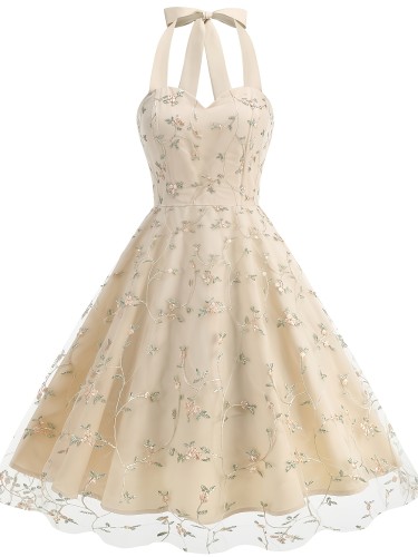 Vintage-Inspired Sleeveless A-Line Party Gown with Butterfly Bow Detail, Machine Washable, Polyester