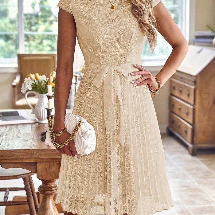 Floral Print Crew Neck Belted Dress, Elegant Cap Sleeve Pleated Dress For Spring & Summer, Women's Clothing