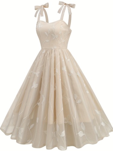 New Women'S Embroidered Mesh Tie-Up Dress