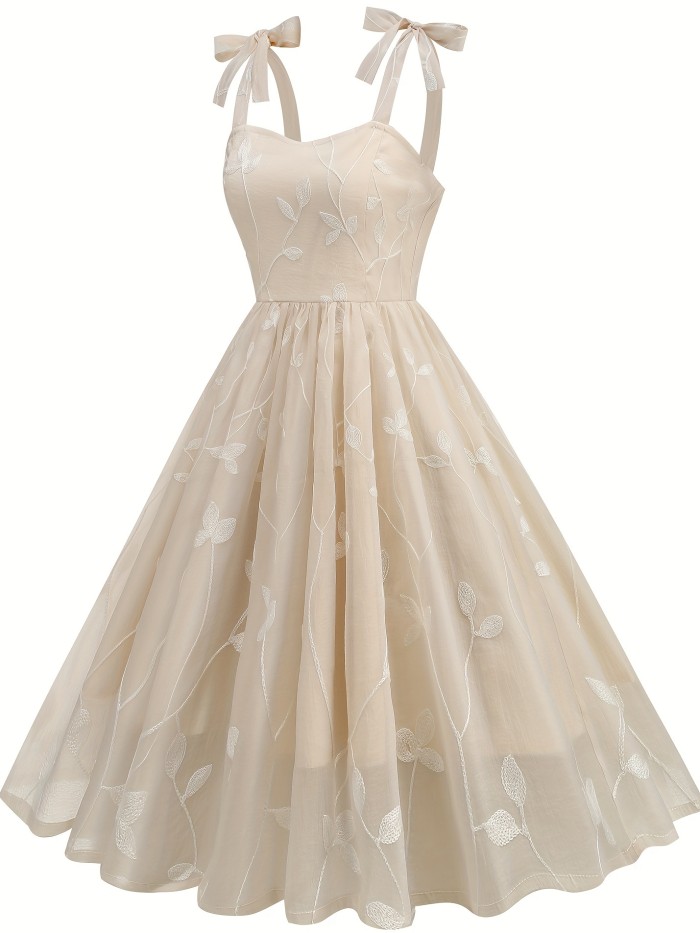 New Women'S Embroidered Mesh Tie-Up Dress