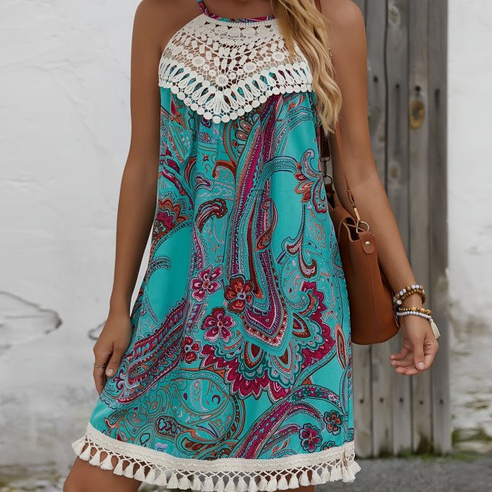 Elegant Women's Paisley Print Dress with Lace Detailing - Sleeveless Halter Neck, Tie-Back, Lightweight Polyester, Perfect for Summer Outdoor Events, Warm Weather Clothing|Stylish Women's Dress|Intricate Lace Design