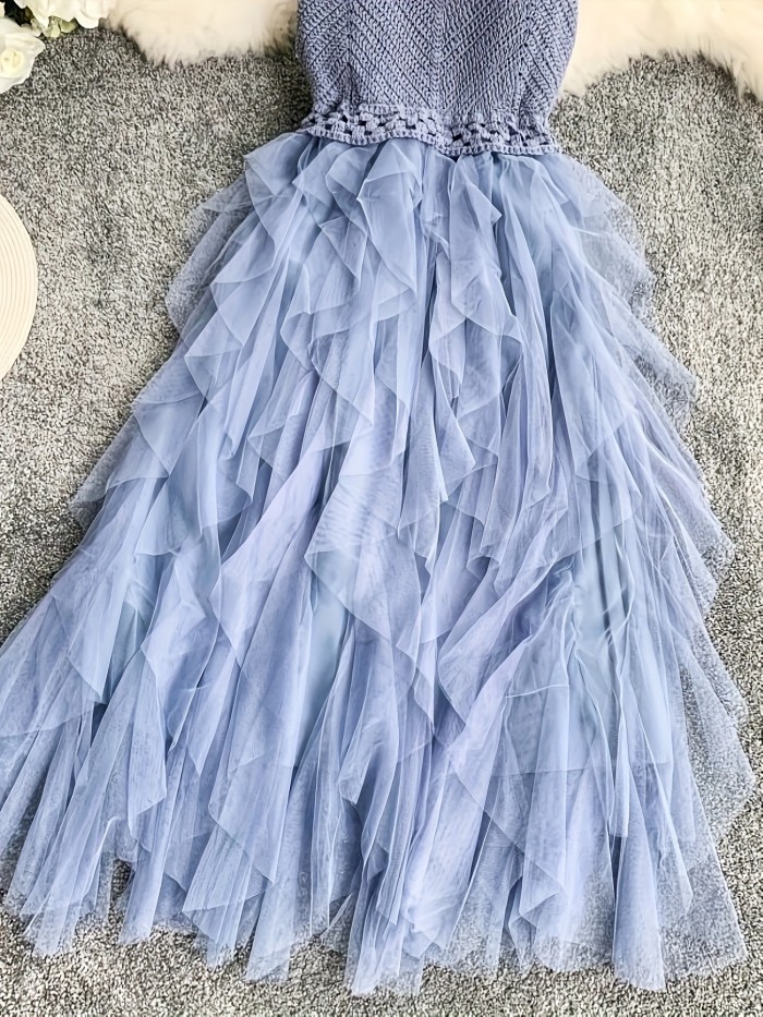 Fairy Mid-Length Dress with Round Neck, Lace-Up Mesh Embroidery, Sweet And Fresh Strapless Dress