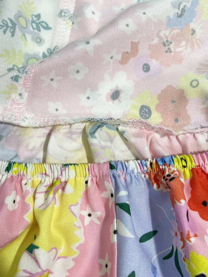 Vibrant Ditsy Floral Print Pinafore Dress - Sleeveless Wide Strap, Ruffle Hem, Bow Back, Machine Washable, Polyester Fabric - Perfect for Vacation and All-Season Wear