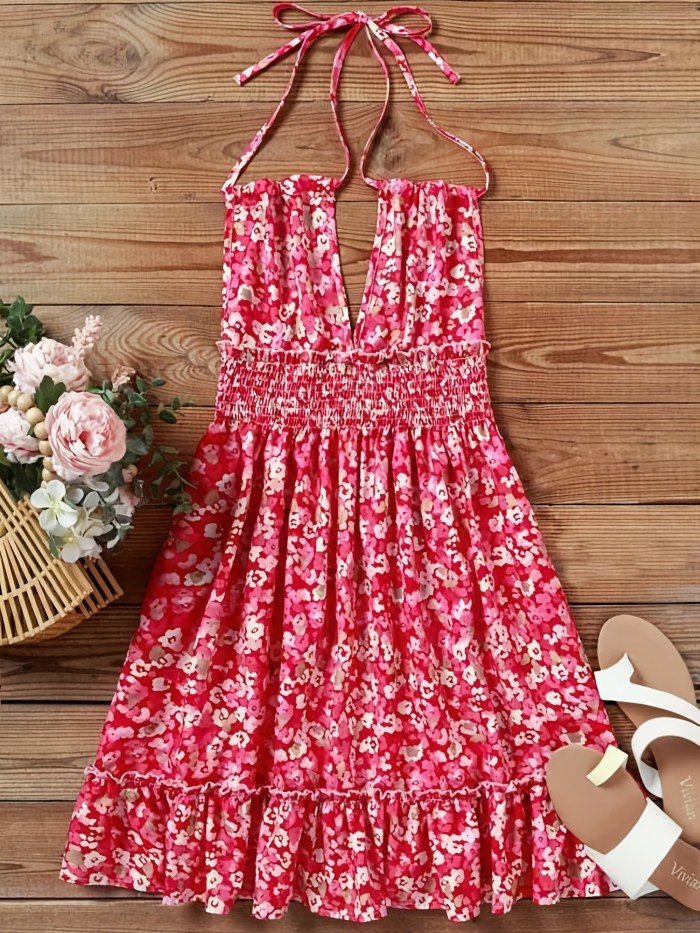 Floral Ruffled Lace Backless Spaghetti Strap Mini Dress
