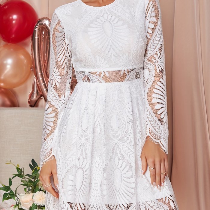 Guipure Lace Overlay Cut Out Waist Dress, Elegant Long Sleeve Crew Neck Dress, Women's Clothing, Valentine's Day