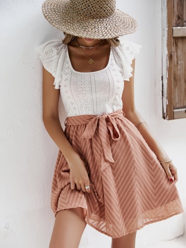 Eyelet Embroidered Lace Up Colorblock Dress, Elegant Ruffle Sleeve Splicing Dress For Spring & Summer, Women's Clothing