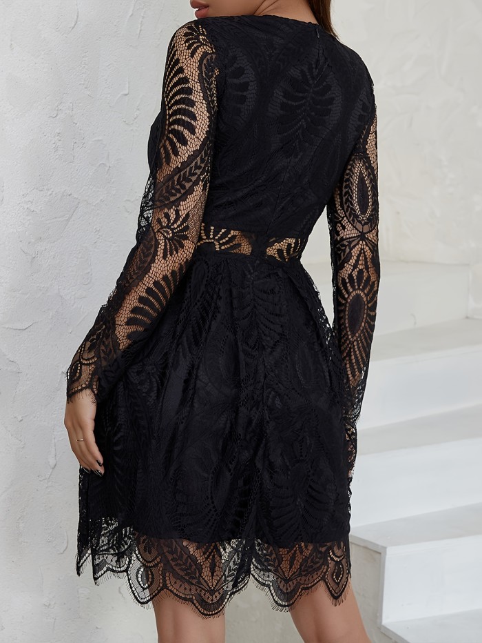 Guipure Lace Overlay Cut Out Waist Dress, Elegant Long Sleeve Crew Neck Dress, Women's Clothing, Valentine's Day