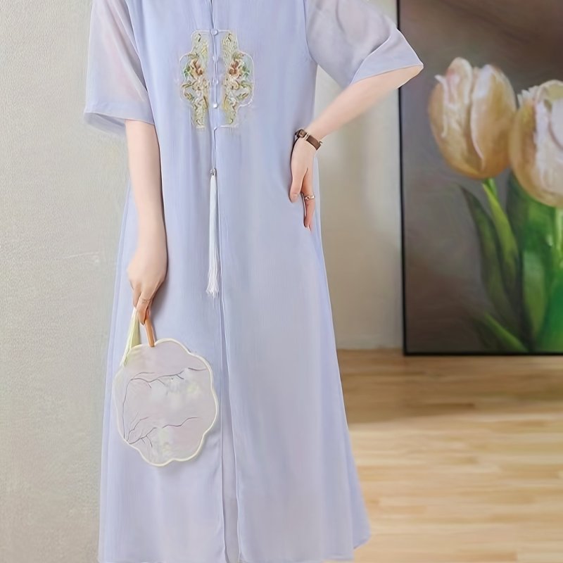 Embroidered Frog Button Mesh Dress, Vintage Mandarin Collar Short Sleeve Dress, Women's Clothing