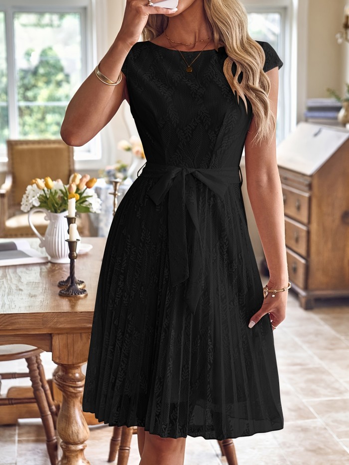 Floral Print Crew Neck Belted Dress, Elegant Cap Sleeve Pleated Dress For Spring & Summer, Women's Clothing