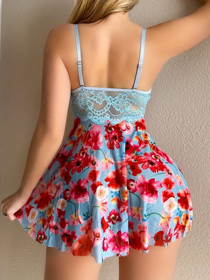 Sexy Lace Print Slip Dress for Women - High Support, Semi-Sheer with Bow Detail & Built-In Bra