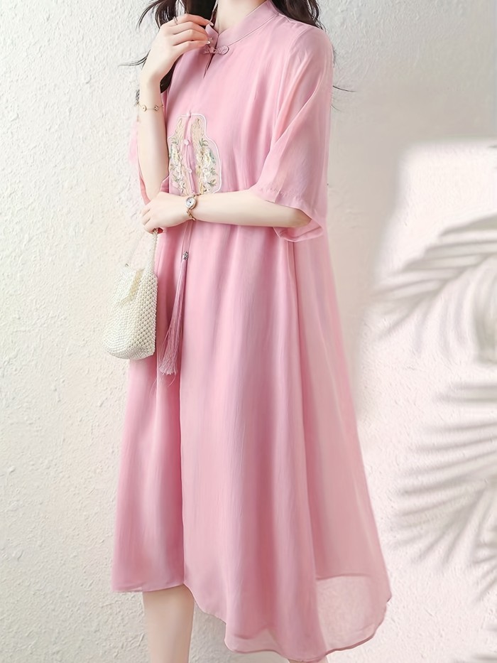 Embroidered Frog Button Mesh Dress, Vintage Mandarin Collar Short Sleeve Dress, Women's Clothing