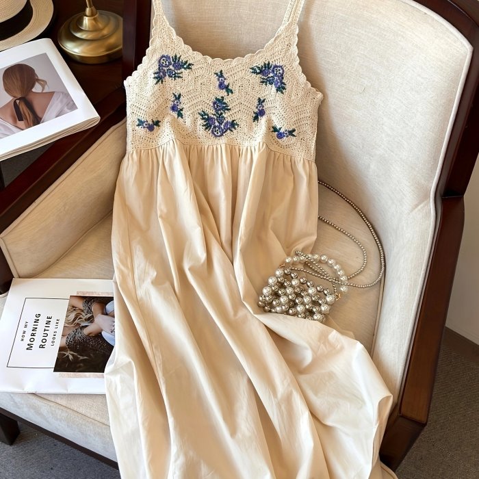 1pc Bohemian Embroidered Hollow-Out Crew Neck Dress - 100% Acrylic Knit Fabric, Casual Summer Slip Dress for Adults