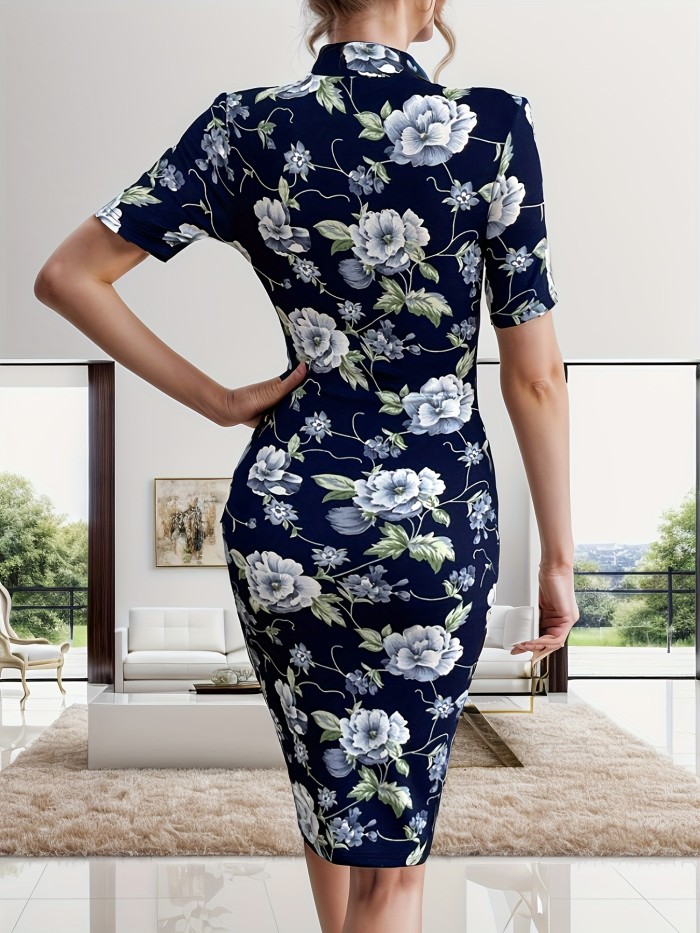 Ross Print Chinese Vintage Cheongsam, Bodycon Short Sleeve Mock Neck Dress, Women's Clothing