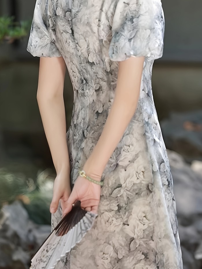 Chic Floral Cheongsam Dress - Vacation Style, Short Sleeve, Mandarin Collar, Non-Stretch Polyester - Machine Washable